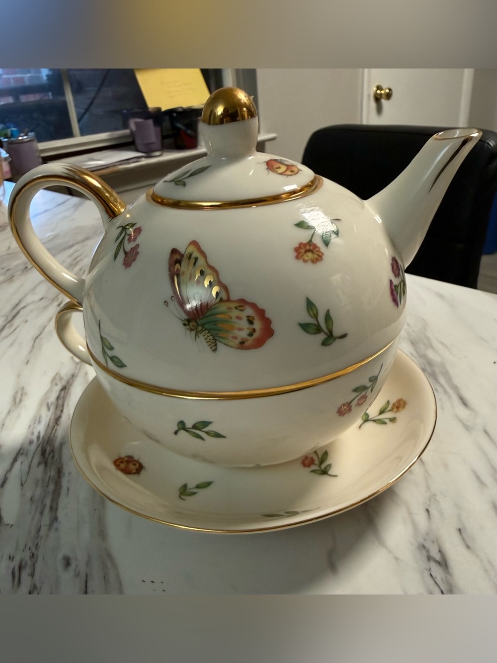 Burton + Burton 2005 Morning Meadow Porcelain Tea Stacked Set Saucer Cup Teapot